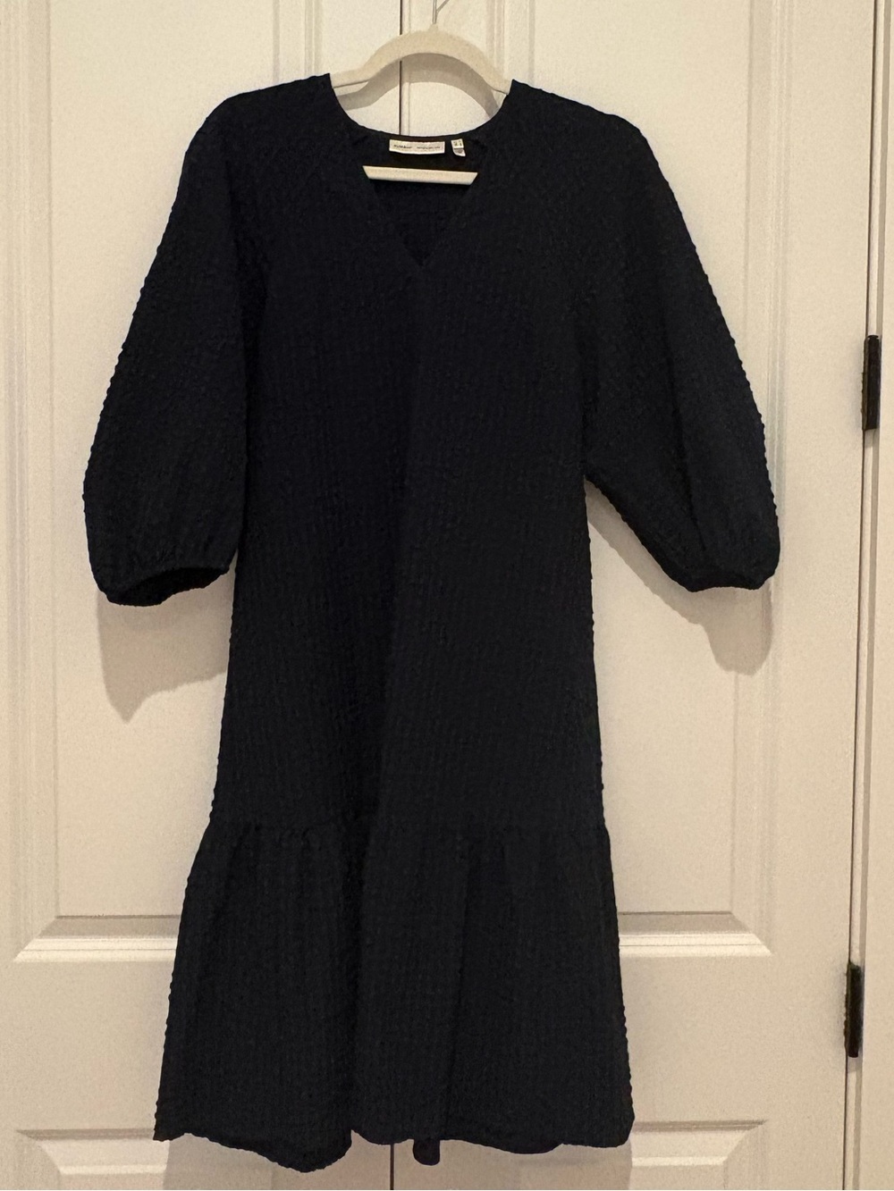 Navy Seersucker Textured V-Neck drop waist dress